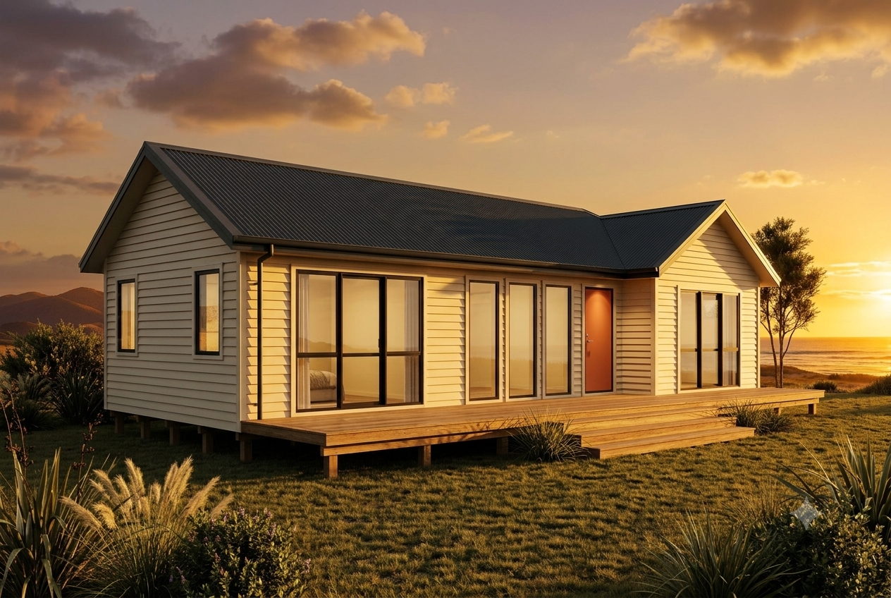 A finished two-bedroom granny flat with timber weatherboard cladding, a charcoal colorsteel gable roof and a raised timber deck, on a coastal New Zealand site.